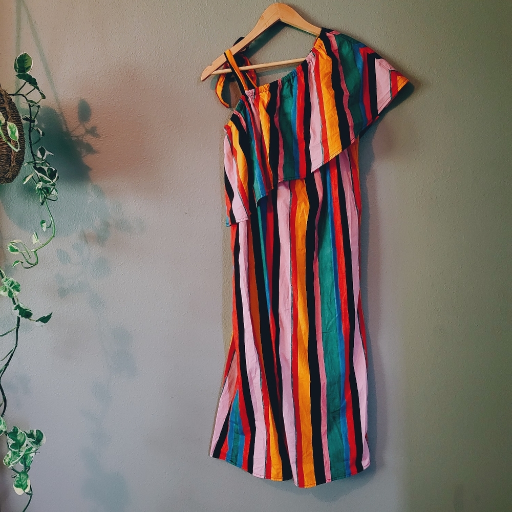 Colorful Striped Shift Ruffle Dress Small - Picture 3 of 8